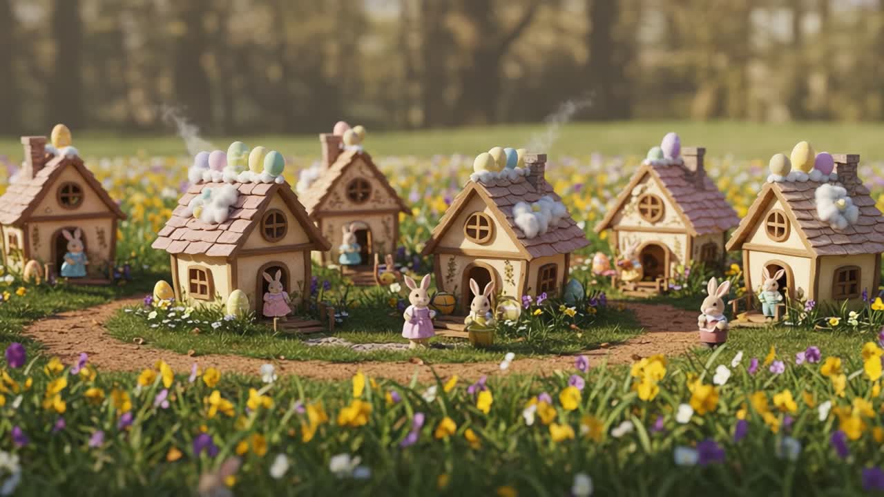 Charming Easter Village Scene with Delightful Bunnies and Colorful Egg Decorations Surrounded by Vibrant Wildflowers in a Beautiful Spring Setting