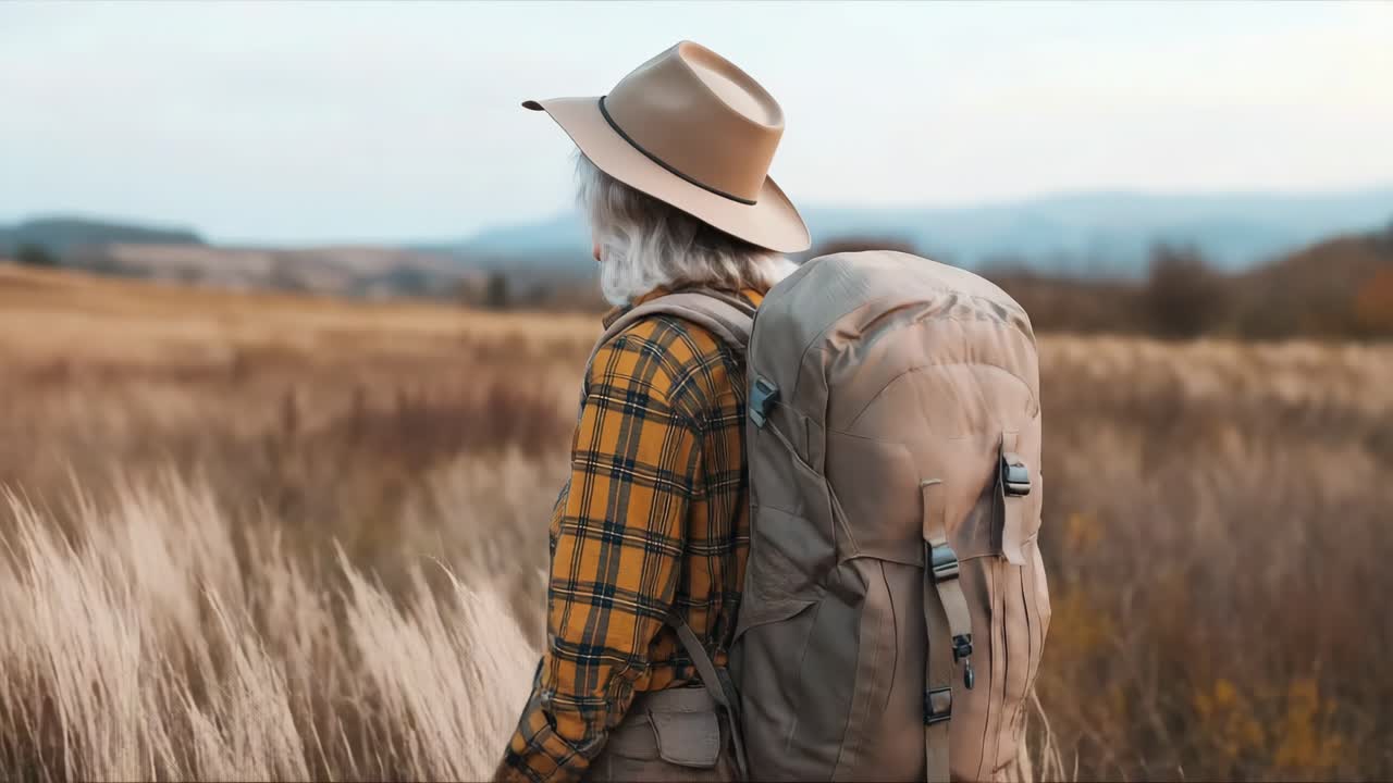 Person hiking in a field with a backpack
