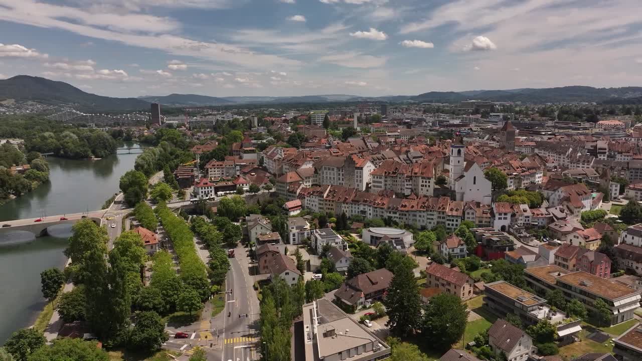 Stunning aerial view of Aarau, capital of Aargau, Switzerland, historic old town, Aare River and beautiful urban landscape