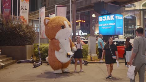 big bunny mascot clicking pictures with visitors at kuala lumpur city in malaysia.