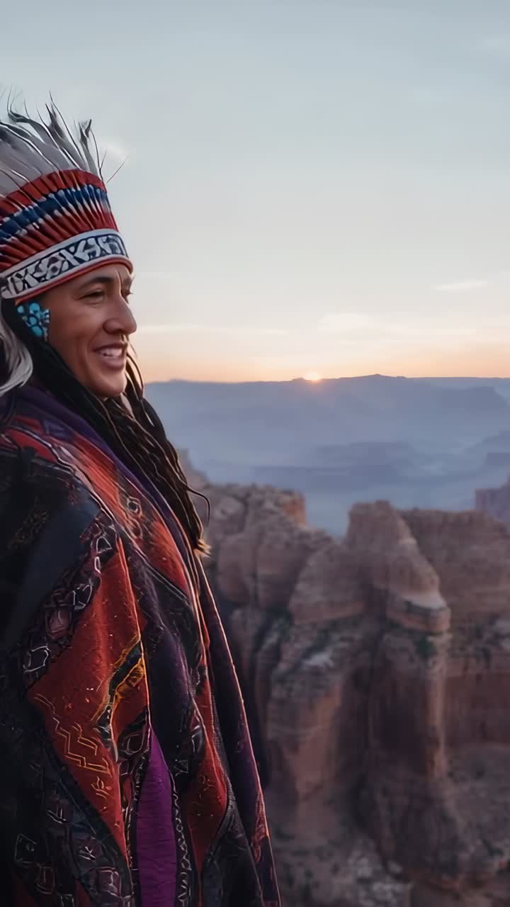Hochformatiges Video: Lächelnder Mann mit Kopfschmuck reagiert auf einen Kumpel, der sich bei Sonnenaufgang dem Canyonrand nähert, Freiraum für Text
