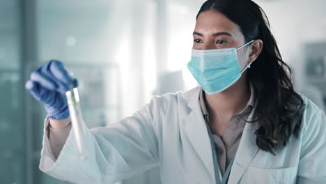 Face-mask,-scientist-or-woman-with-plant-test-tube