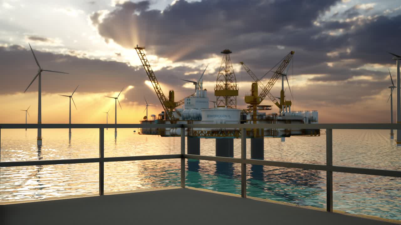 parque eólico en alta mar y plataforma de hidrógeno al atardecer