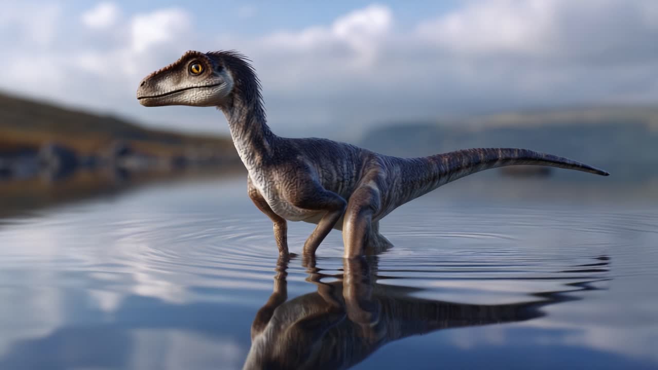 Un maestoso dinosauro emerge dalle acque calme, mettendo in mostra le sue caratteristiche dettagliate e riflettendo la sua immagine nel lago tranquillo, circondato dalla bellezza della natura.