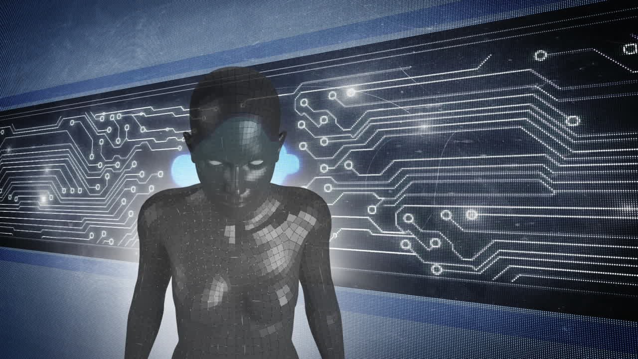 Female android form in front of glowing computer circuit board
