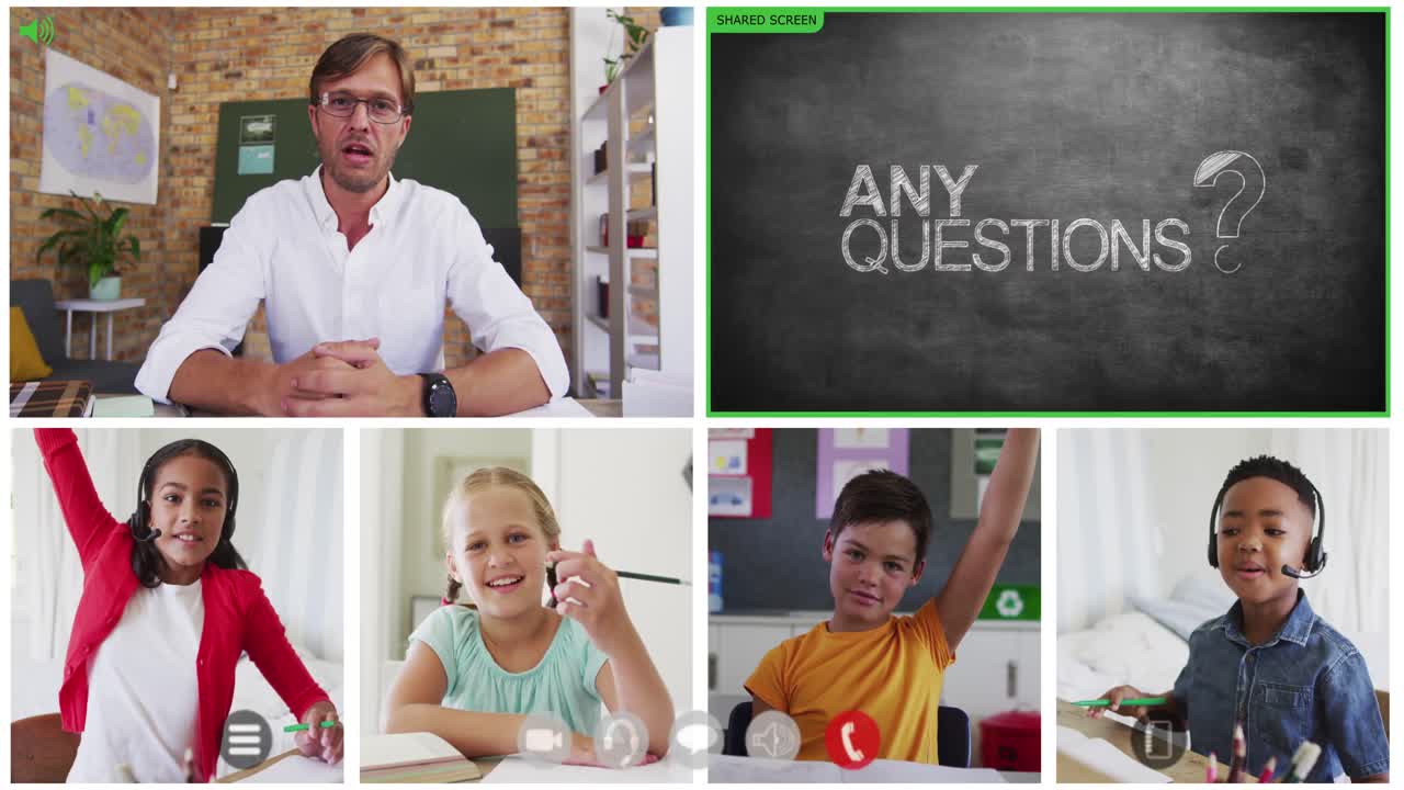 Animation of video call screens of chalkboard and diverse teacher and children having online lesson