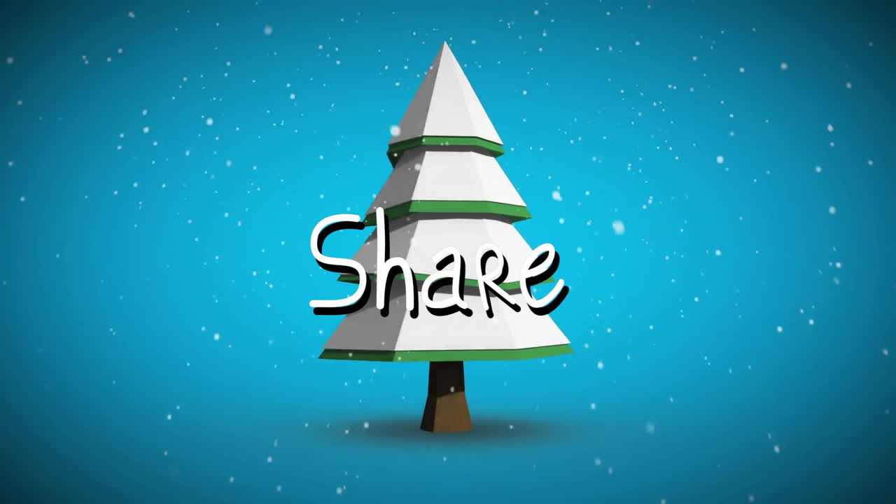Stylized Christmas tree with Share text over falling snow animation