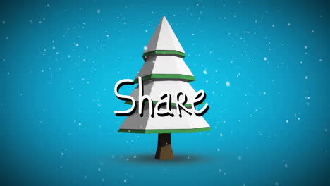 stylized christmas tree with share text over falling snow animation