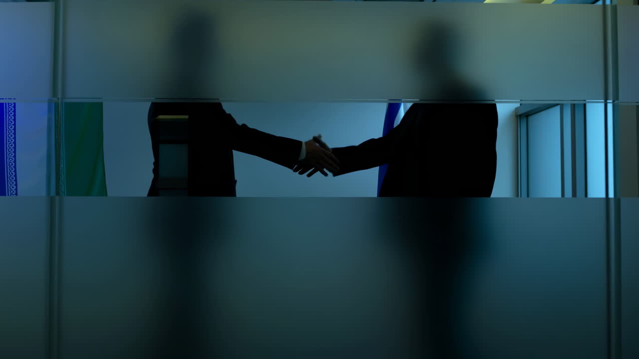 Two Businesspeople Silhouette Handshake Behind Frosted Glass In Modern Office Corridor, Executives Finalize