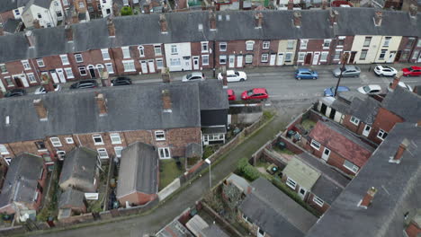 overhead aerial footage of terrace housing in one of stoke on trent's poorer areas, poverty and urban decline, council and social housing, west midlands