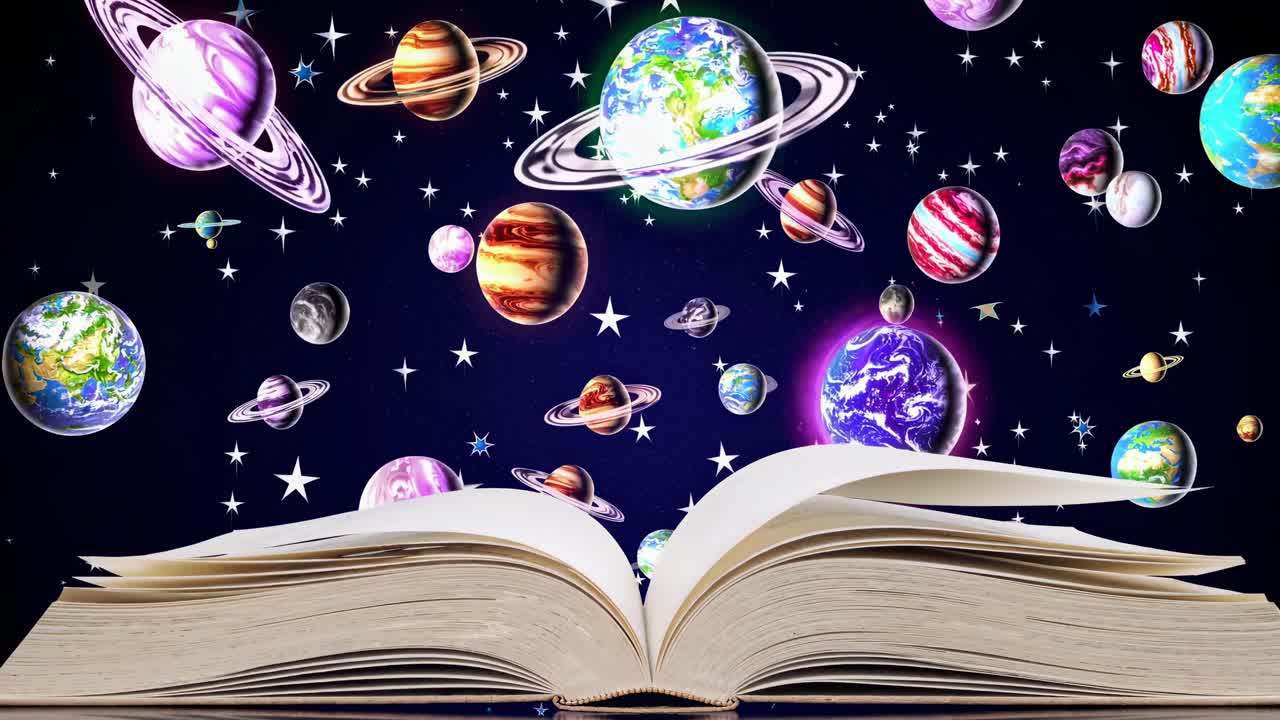 A low-angle shot of an open book with planets and stars emerging, creating a magical, cosmic video
