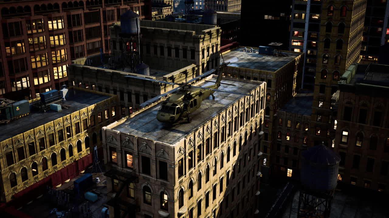 Urban helicopter landing on a rooftop in the heart of a bustling cityscape