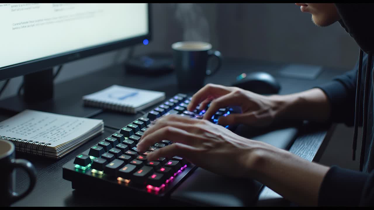 Person som skriver på RGB mekanisk tastatur ved et skrivebord om natten, med skjerm, krus og notater i dempet belysning