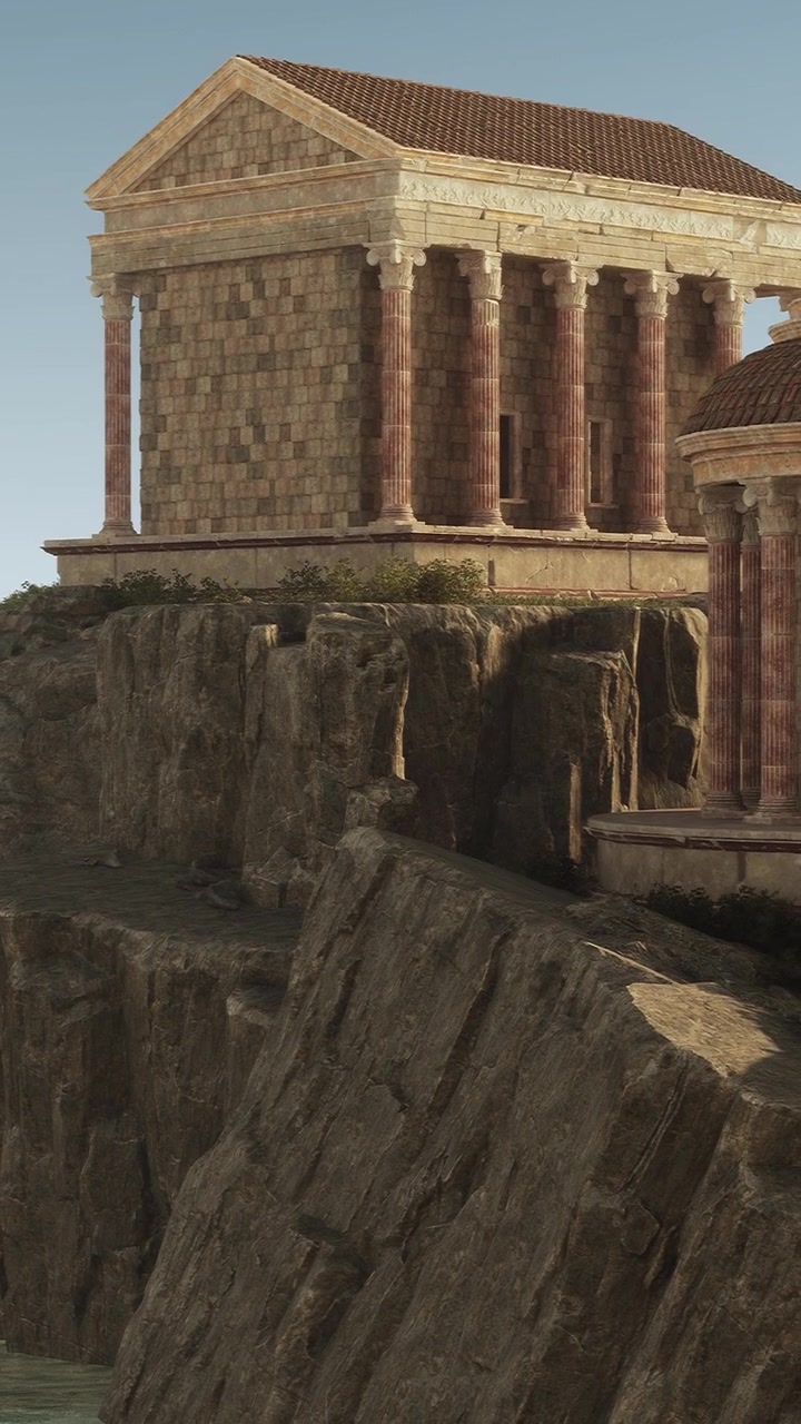 Templo histórico sobre rochas em dia claro com céu azul
