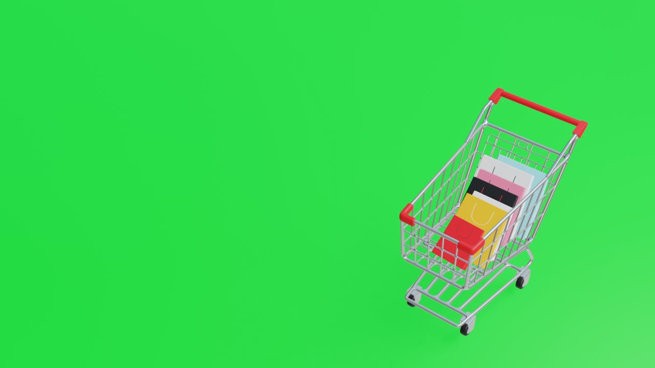 un video de animación 3d realista que muestra un carrito de compras deslizándose en la escena con una gran caída de productos apilados en concepto, venta y promoción de marketing de descuento en pantalla verde.