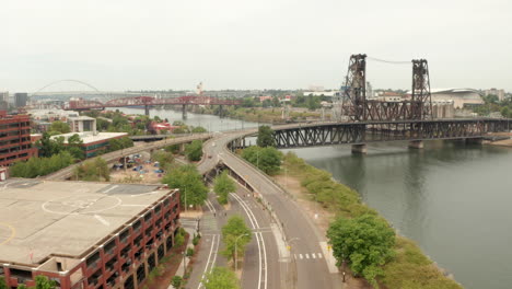 Aerial-shot-over-Steel-Bridge-approach-roads-Portland-Oregon