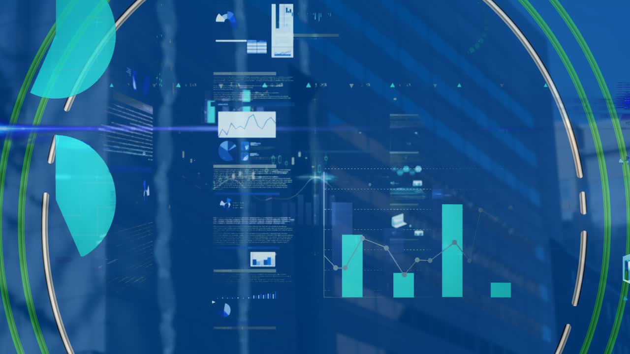 Digital HUD displaying floating bar charts, line graphs and numeric readouts inside curved frame