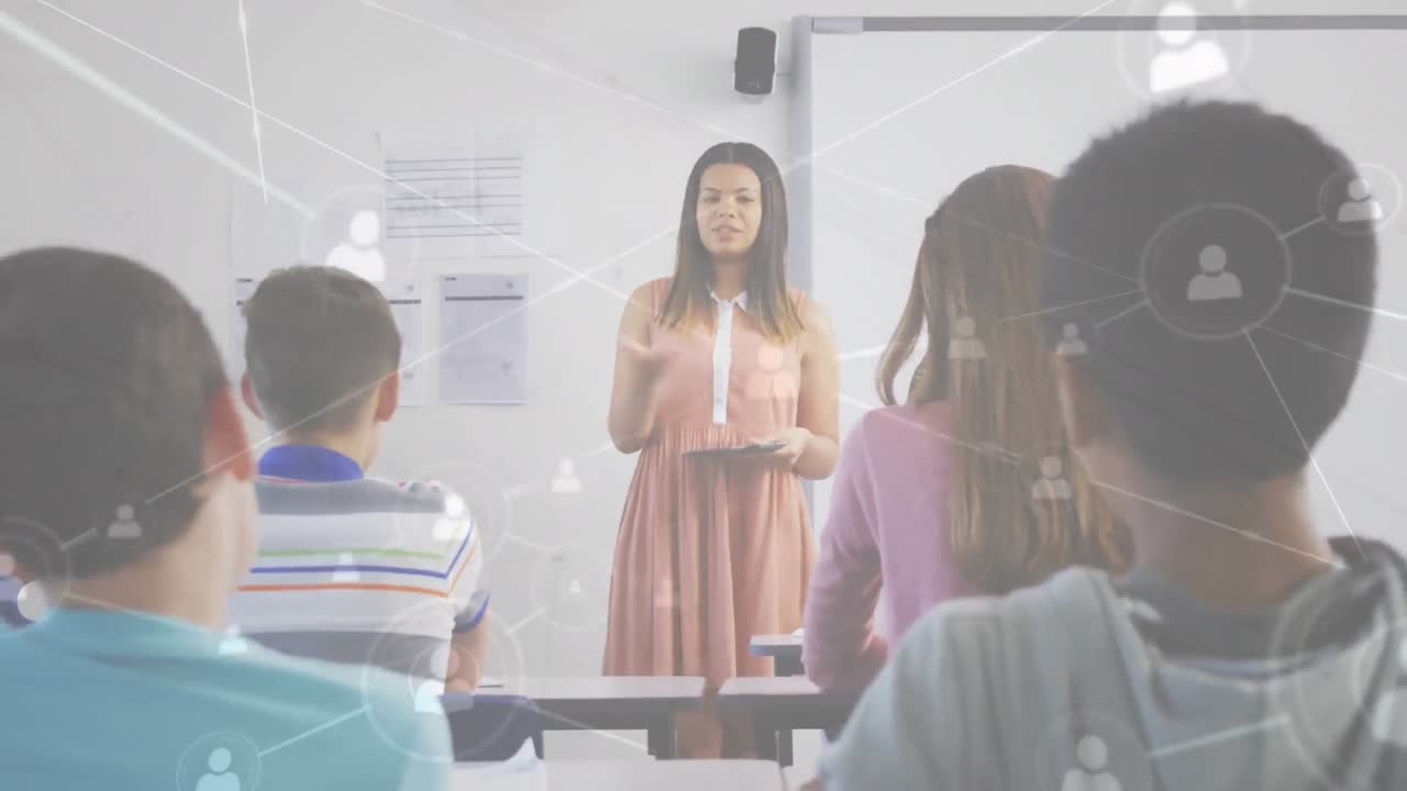 학교 어린이와 교사에 대한 아이콘과 연결 네트워크의 애니메이션