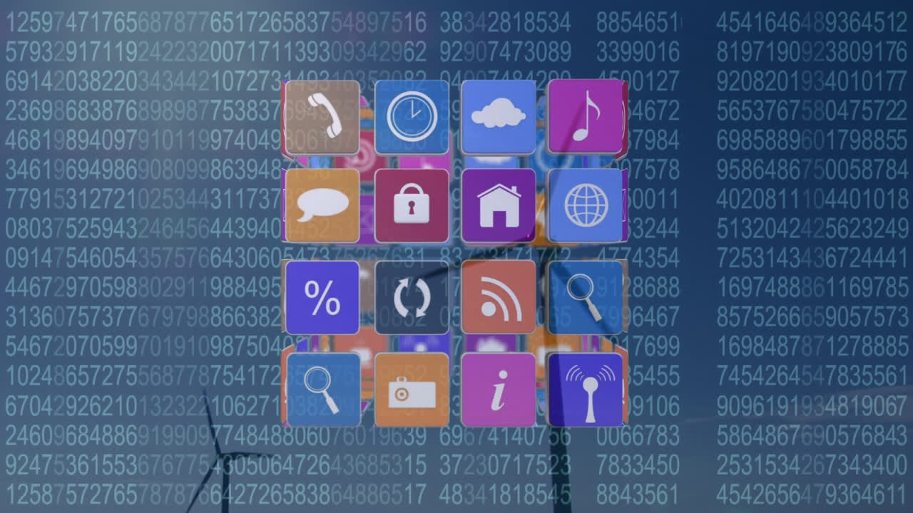 animación de iconos y procesamiento de datos sobre turbinas eólicas y cielo