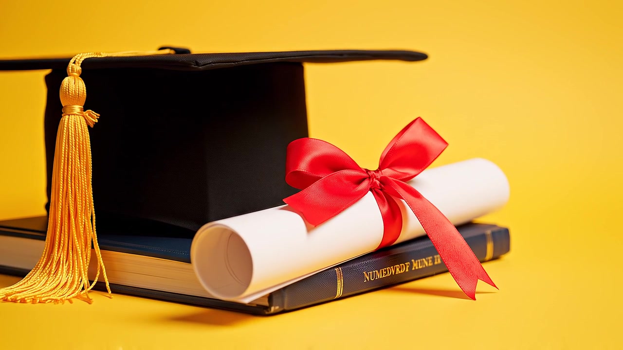 Tocco di laurea con diploma e libri su sfondo giallo