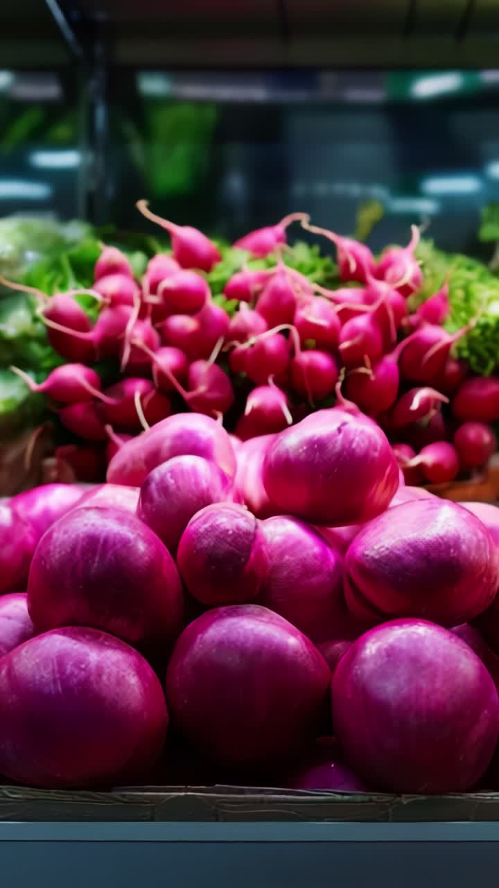 Vibrant Display of Fresh Vegetables: A Close-Up View of Purple Radishes and Onions in a Market Setting, Showcasing Their Natural Beauty and Freshness