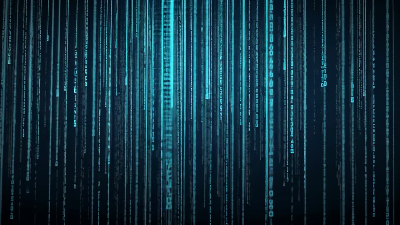 Starting on dark background blue code streams descending in simulated environment, with data flow