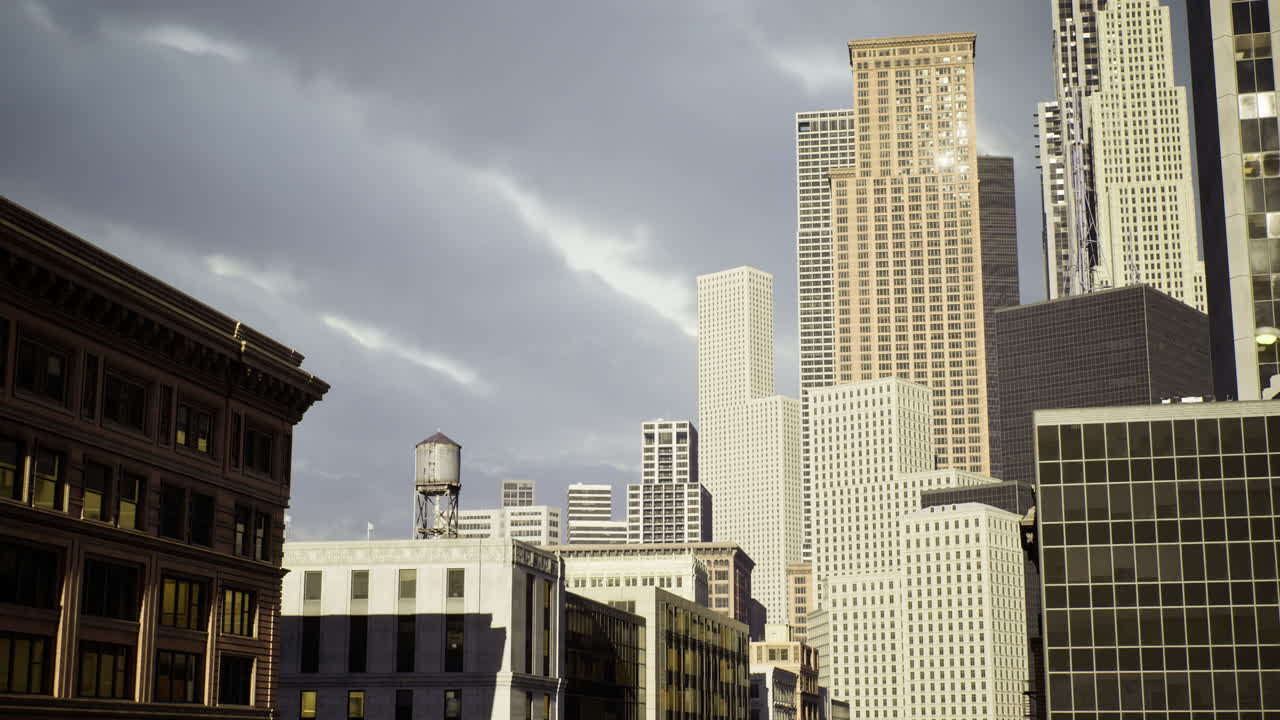 Urban skyline captures dynamic city life under cloudy skies