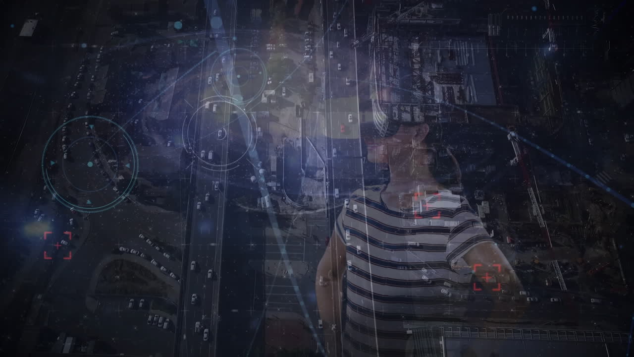 vr 헤드 ⁇ 을 사용하는 백인 소녀에 대한 연결 및 도로 교통의 애니메이션