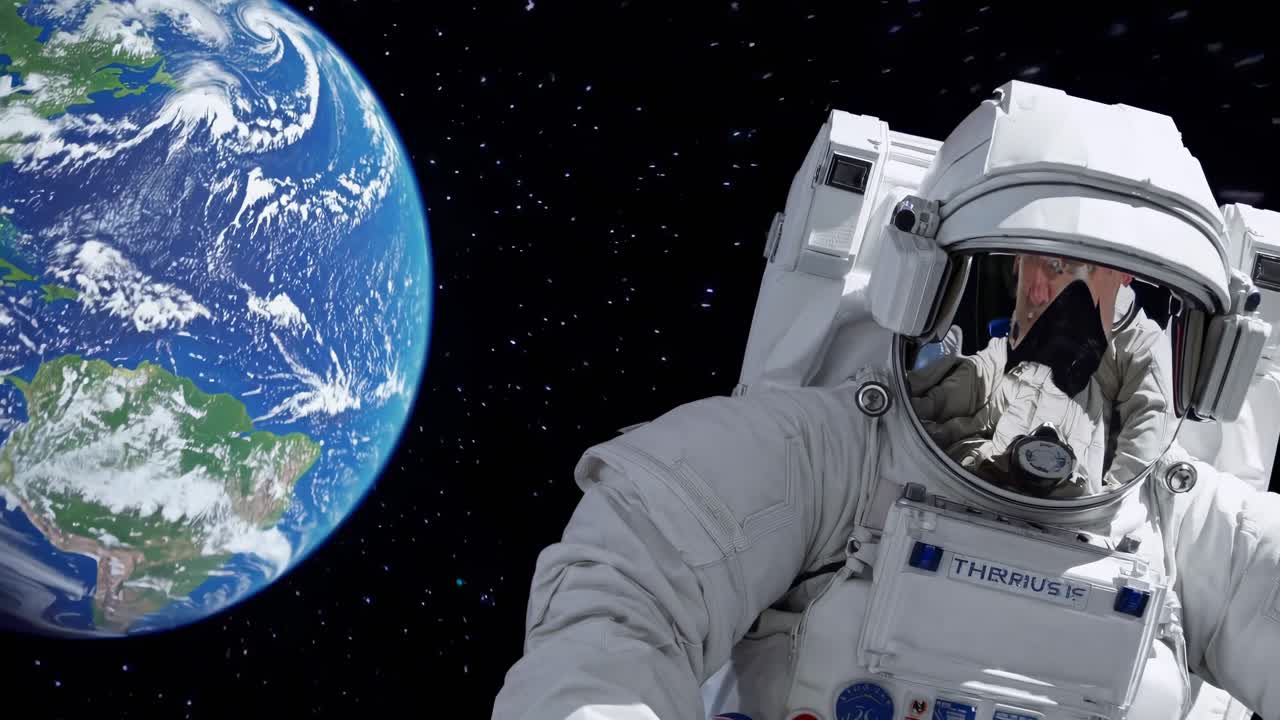 穿着宇航服的宇航员漂浮在星空背景中，低角度拍摄。