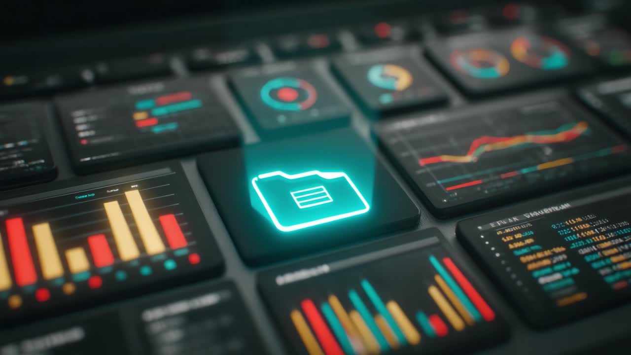 Esplorazione della gestione e visualizzazione dei dati: funzionalità avanzate dell'interfaccia digitale su una tastiera di laptop che mostra grafici e cartelle interattivi per un'analisi efficace.