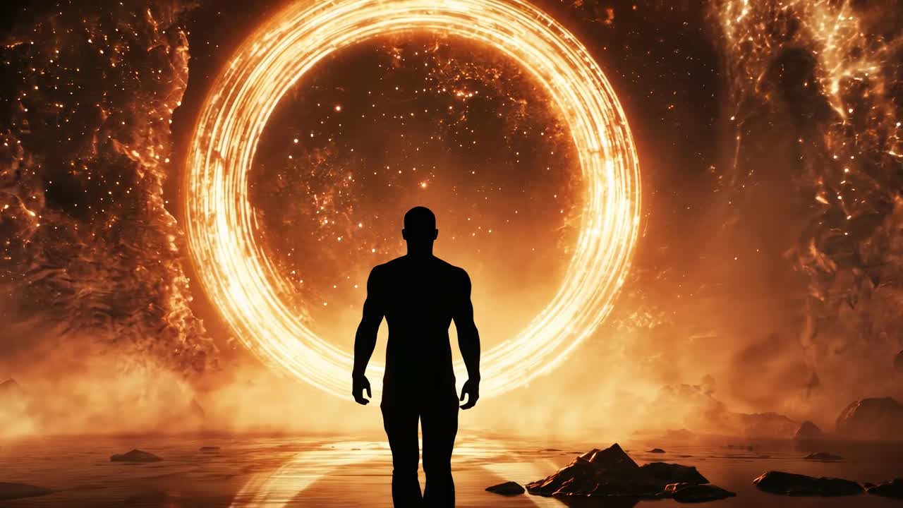 Silueta de hombre caminando hacia un portal cósmico resplandeciente