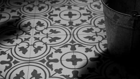 Vintage-Retro-tiled-floor:-Being-scrubbed,-1950