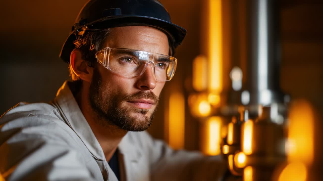 Focused Worker Inspecting Pipe System with Safety Gear in Industrial Setting, Highlighting the Importance of Safety and Expertise in Maintenance and Engineering Tasks