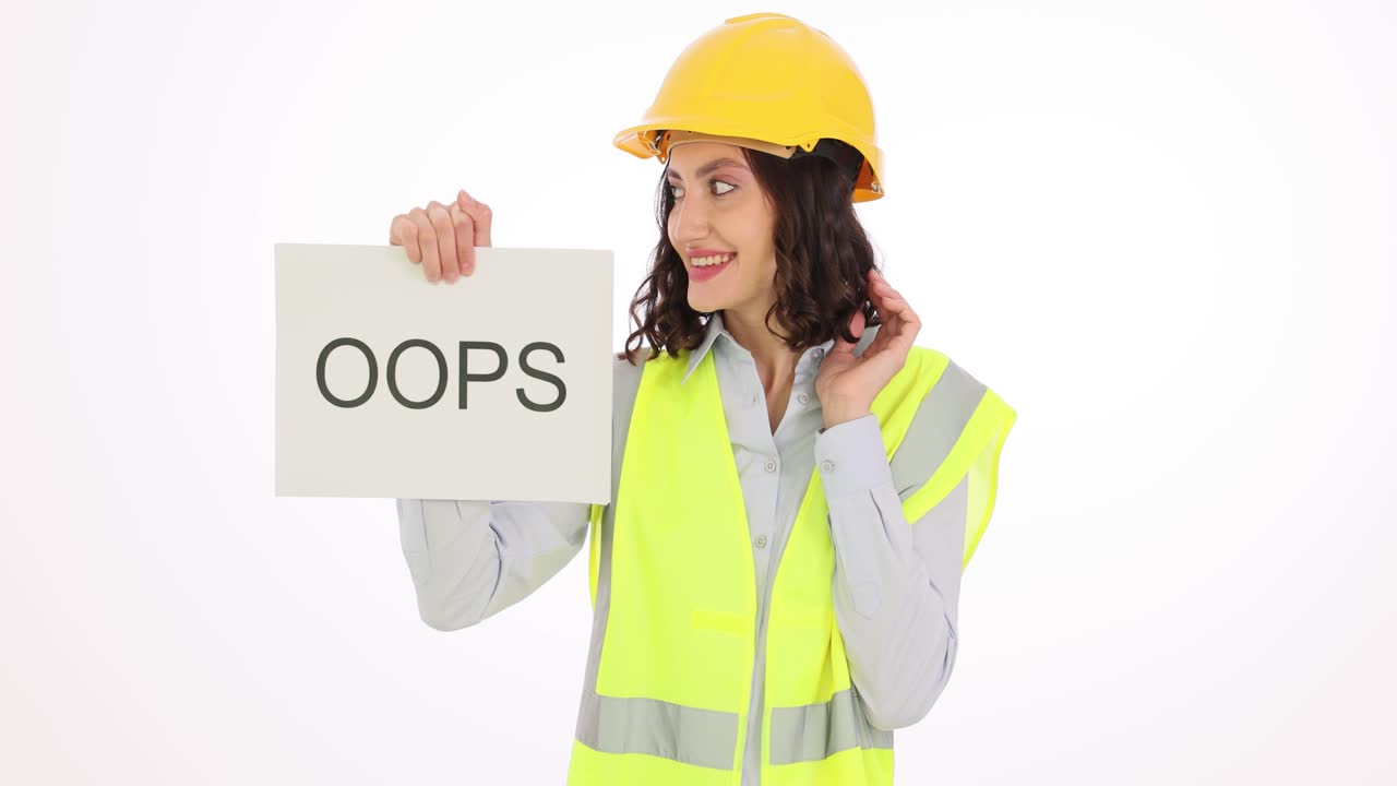 Female Construction Worker Holding 'OOPS' Sign with Varying Expressions