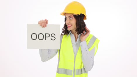 female construction worker holding 'oops' sign with varying expressions