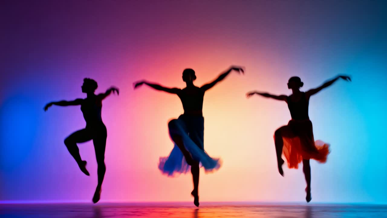 Três bailarinas saltando, realizando coreografia no palco, com a música começando e os tutus esvoaçando.