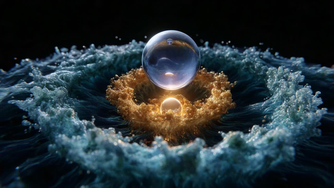 Eine fesselnde Darstellung sphärischer Objekte inmitten von wirbelndem Wasser, die atemberaubende Kontraste von Licht und Bewegung zeigt und eine künstlerische und dynamische Szene von Schönheit erzeugt