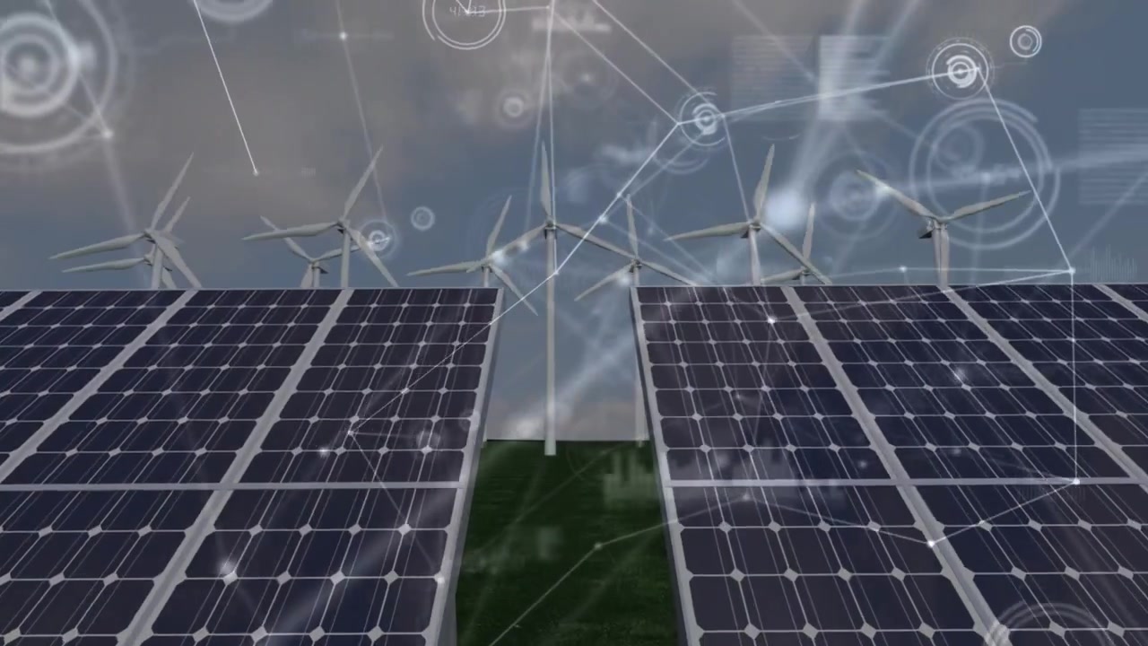 Animazione di rete di connessioni su pannelli solari