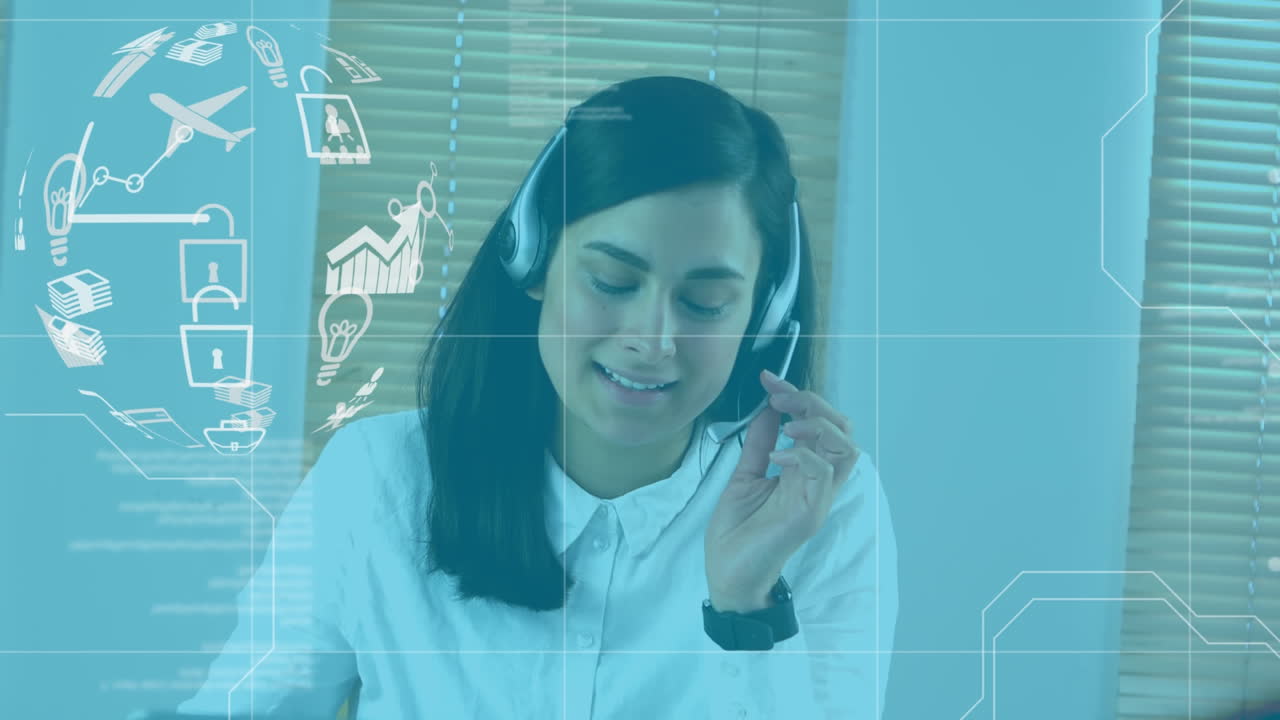 animación de una mujer caucásica con auriculares y hablando con un globo giratorio de iconos comerciales