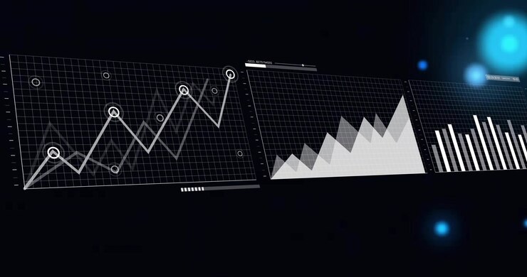 First panel entering from right, panels sliding left, charts marking nodes, filling, showing trends