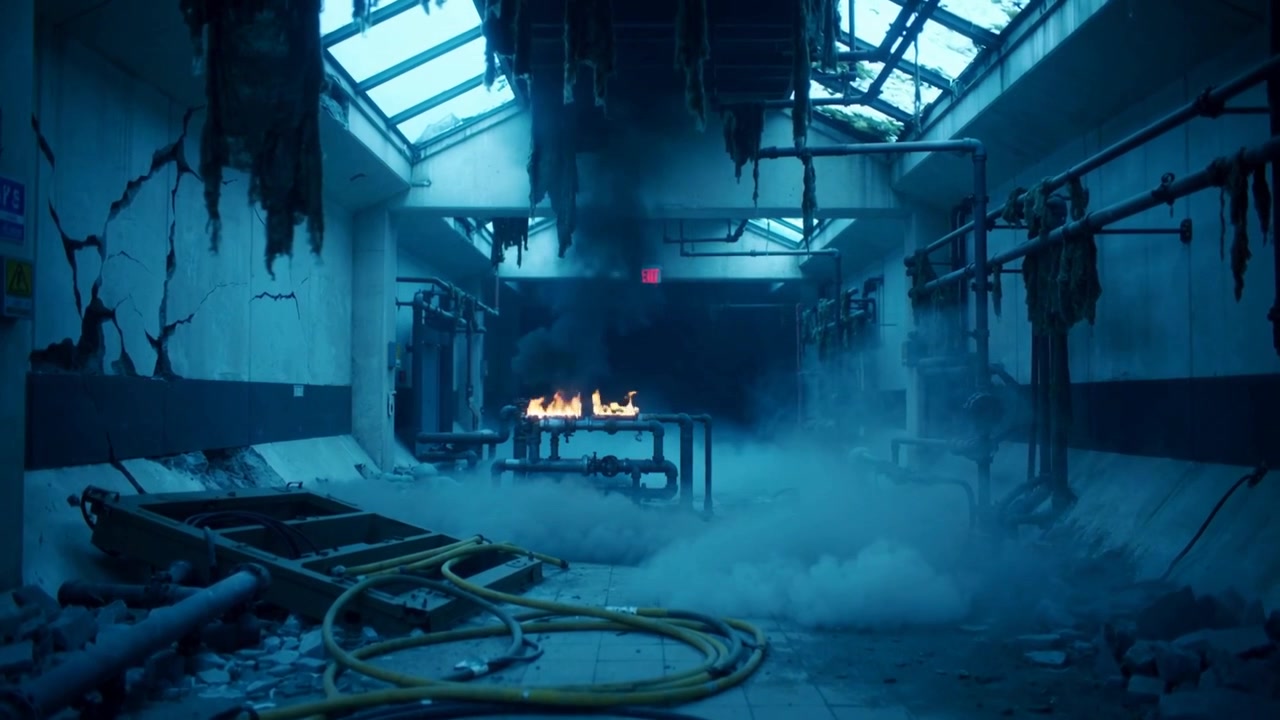 Growing flames on metal bench sending dark smoke toward skylight in service corridor, with hoses