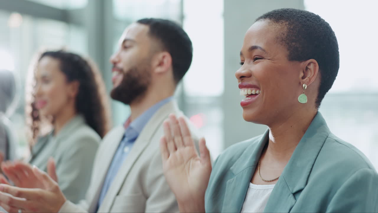 Funny, business people and meeting applause