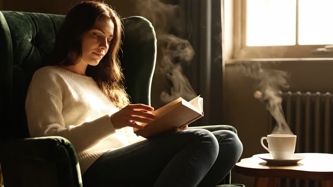 Woman reading a book and drinking coffee in a cozy armchair