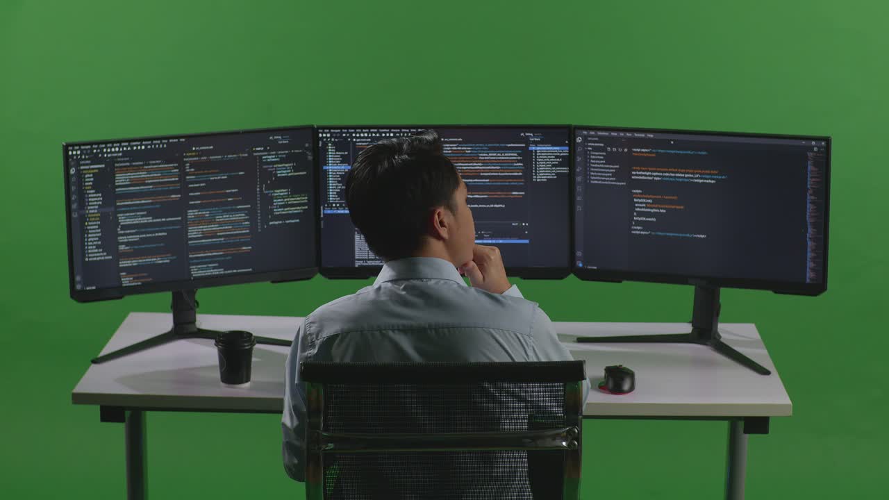 Back View Of Asian Man Developer Thinking About Something While Write Code With Multiple Computer Screens In Green Screen Studio