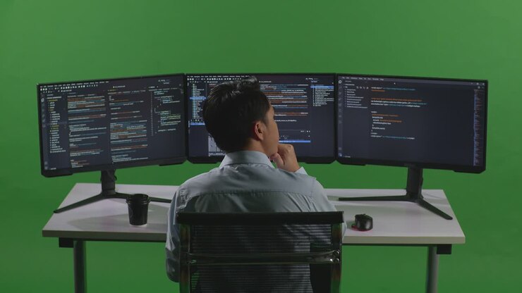 Back View Of Asian Man Developer Thinking About Something While Write Code With Multiple Computer Screens In Green Screen Studio