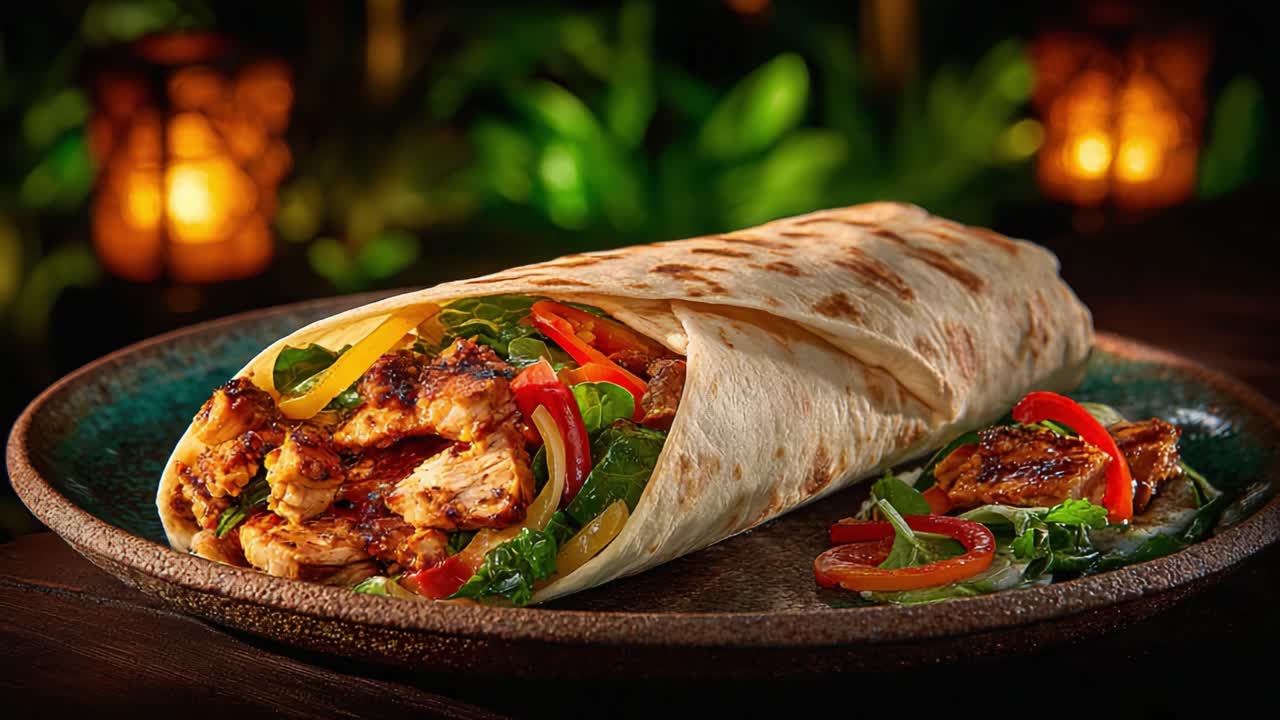 Delicious Wrap with Grilled Chicken, Fresh Vegetables, and Creamy Sauce Served on a Decorative Plate Surrounded by Ambient Lighting for an Inviting Presentation