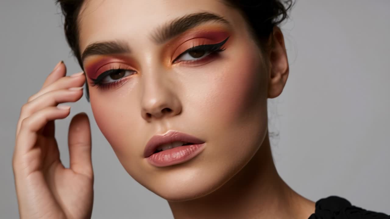 Camera rolling, model applying makeup, creating sunkissed look for demo in studio, using palette