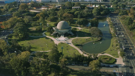 aerial - galileo galilei planetarium, buenos aires, argentina, wide circle pan