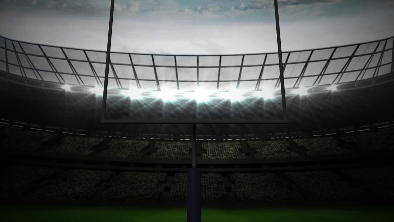 animación de los postes de fútbol americano y el cielo nublado en el estadio iluminado