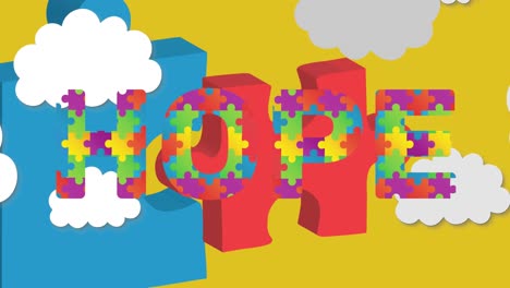 animation of autism awareness month colourful puzzle pieces and hope text over clouds